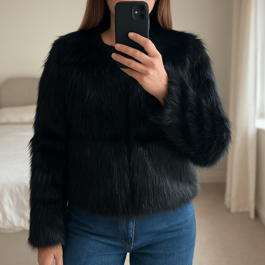 Zara Black Faux Fur Round Neck Collarless Jacket Coat - Size Medium standing straight facing the camera, in a softly lit bedroom setting, with gentle natural light filtering through a window.