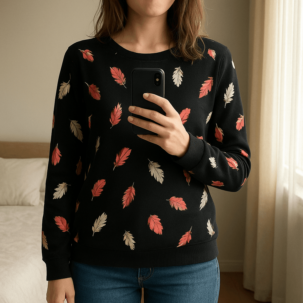 Damenpullover mir bunten Federn XL aufrecht stehend, der Kamera zugewandt, in einem sanft beleuchteten Schlafzimmer, mit natürlichem Licht, das durch ein Fenster fällt.