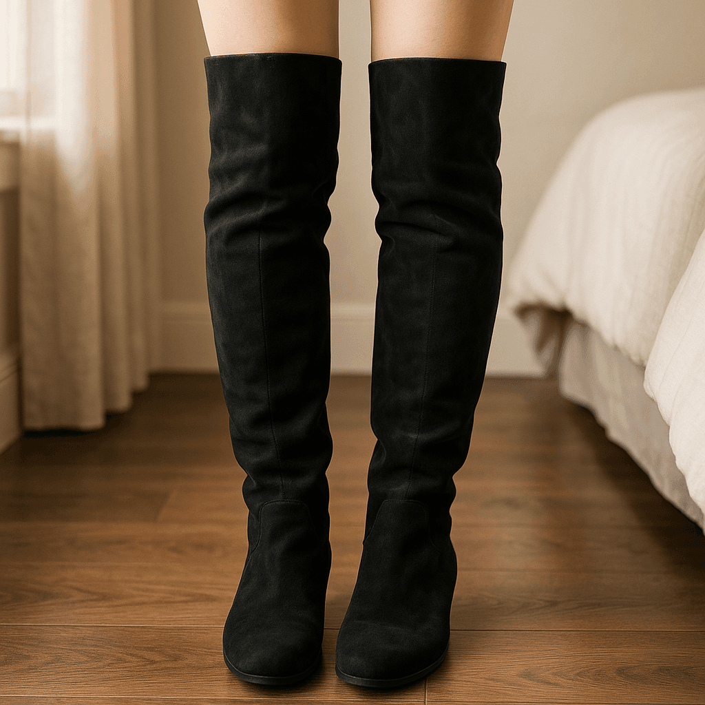 Women's suede boots size 4 standing straight facing the camera, in a softly lit bedroom setting, with gentle natural light filtering through a window.