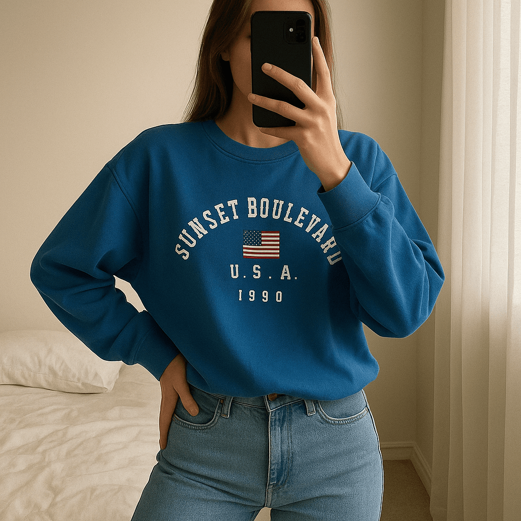 Una persona in Pull sweat bleu H&M M - Maglione Donna M felpe inarcando leggermente la schiena per una posa dinamica, in una camera da letto con luce soffusa e luce naturale che filtra dalla finestra.