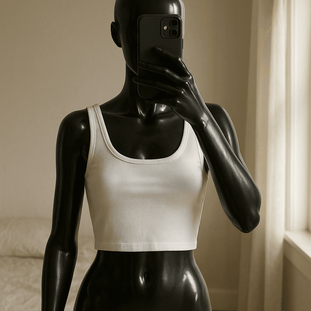 a glossy black plastic mannequin with no facial features in Biely top Bershka standing straight facing the camera, with a slim body type, in a softly lit bedroom setting, with gentle natural light filtering through a window.