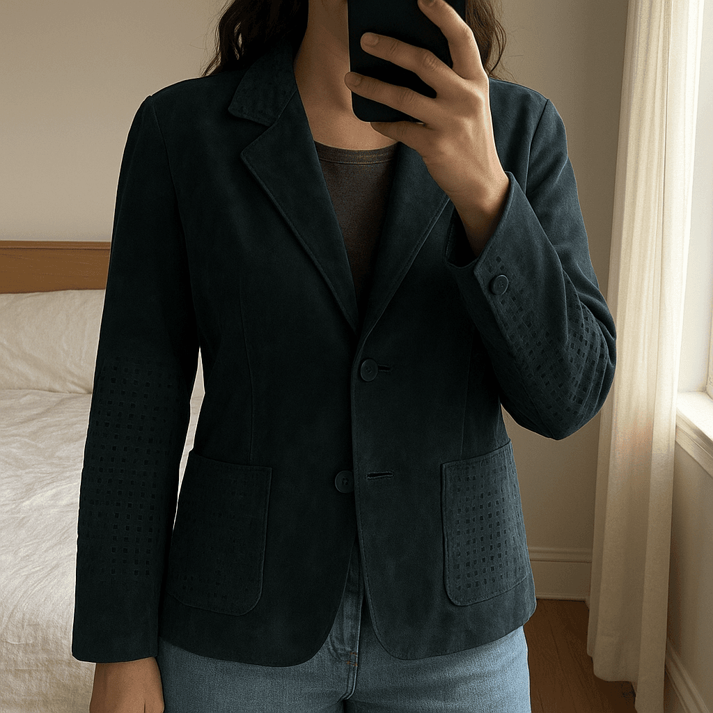 Giacca scamosciata leather in piedi, rivolto verso la fotocamera, in una camera da letto con luce soffusa e luce naturale che filtra dalla finestra.