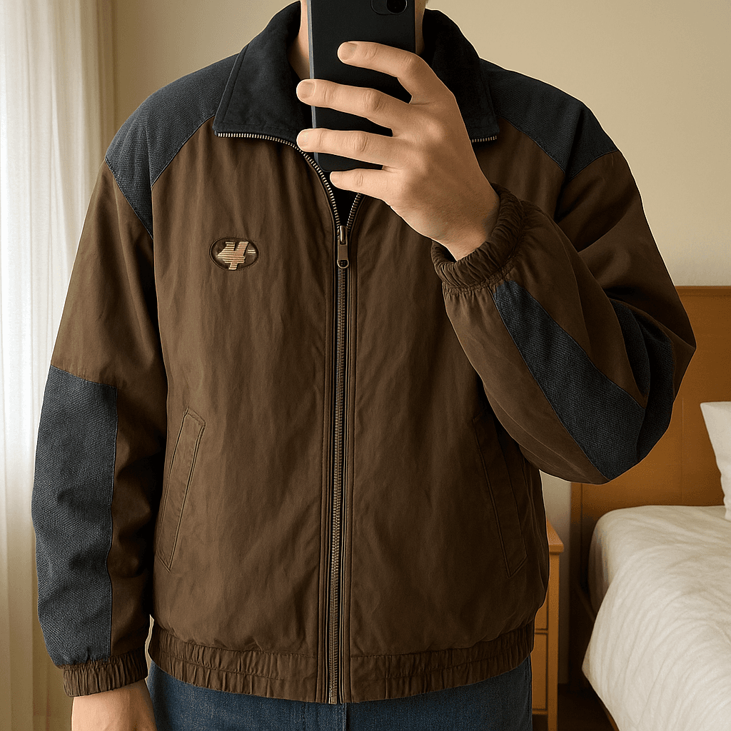 Giubbotto neve Astrolabio Vintage Taglia 48 – Ski Jacket – Veste Ski – Chaqueta Nieve – Jacke Winter in piedi, rivolto verso la fotocamera, in una camera da letto con luce soffusa e luce naturale che filtra dalla finestra.