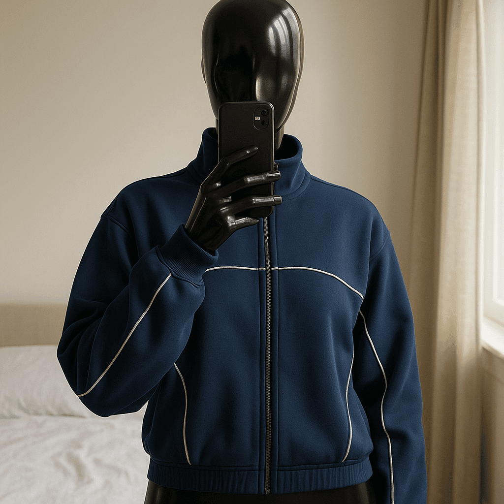 a glossy black plastic mannequin with no facial features in Modrá mikina s reflexnými detailmi standing straight facing the camera, with a slim body type, in a softly lit bedroom setting, with gentle natural light filtering through a window.