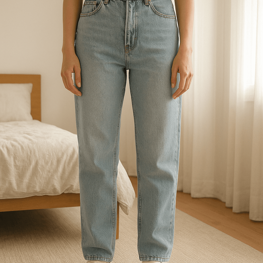 C&A Vintage Straight high waist Jeans Gr: 38 aufrecht stehend, der Kamera zugewandt, in einem sanft beleuchteten Schlafzimmer, mit natürlichem Licht, das durch ein Fenster fällt.