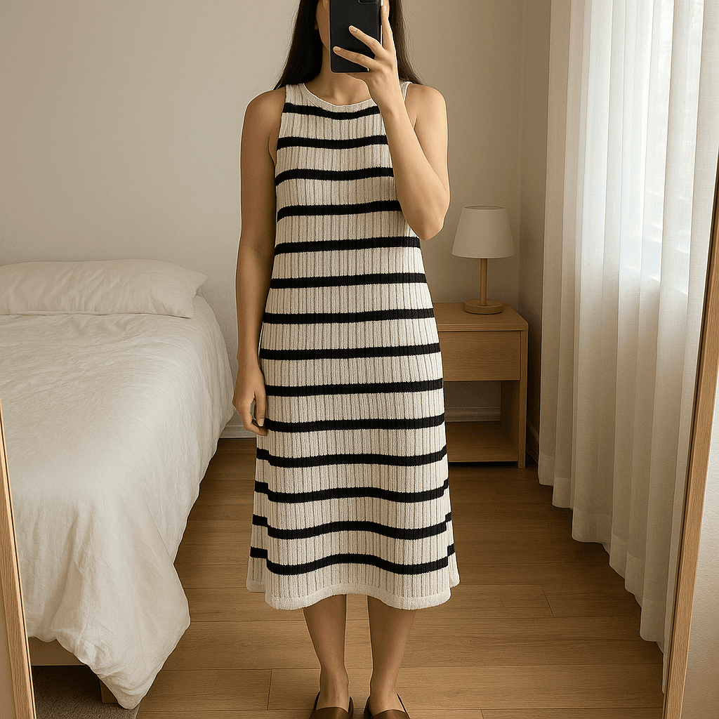 Robe à rayures mango M - Abito Donna mango in piedi, rivolto verso la fotocamera, in una camera da letto con luce soffusa e luce naturale che filtra dalla finestra.