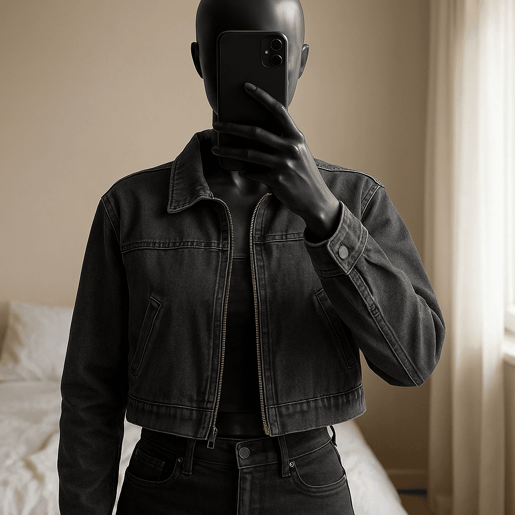 a glossy black plastic mannequin with no facial features in Džinsová bunda standing straight facing the camera, with a slim body type, in a softly lit bedroom setting, with gentle natural light filtering through a window.