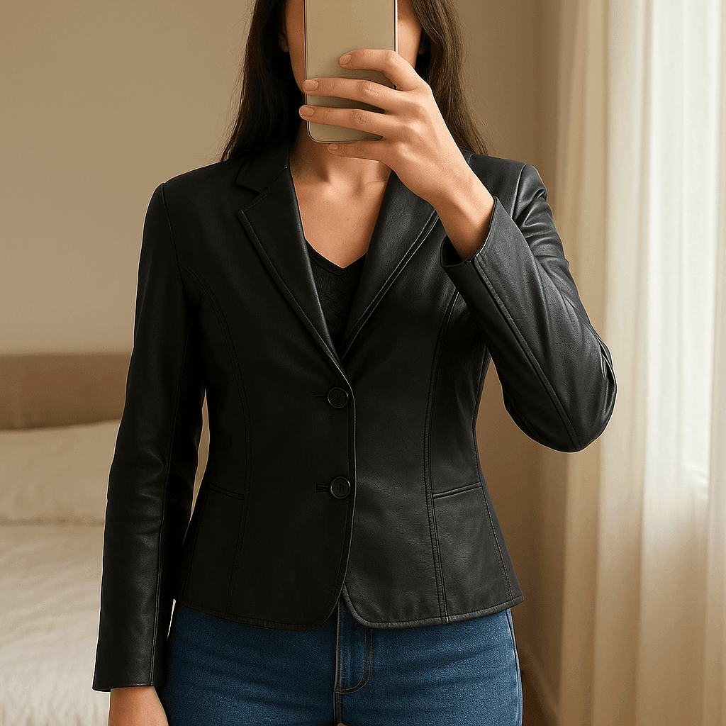 Blazer in pelle in piedi, rivolto verso la fotocamera, in una camera da letto con luce soffusa e luce naturale che filtra dalla finestra.