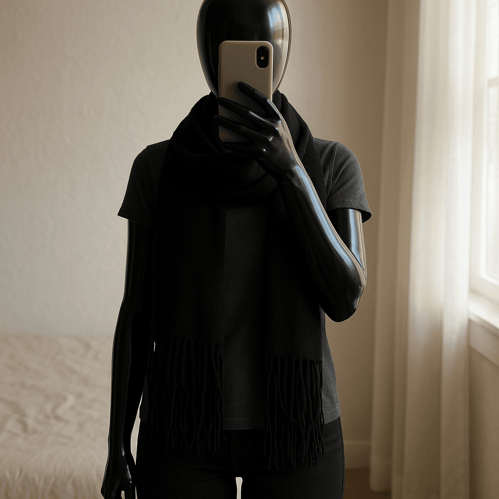 a glossy black plastic mannequin with no facial features in Čierny šál standing straight facing the camera, with a slim body type, in a softly lit bedroom setting, with gentle natural light filtering through a window.