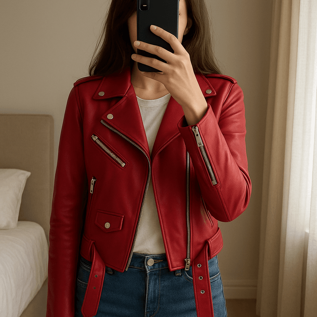 Giacca in pelle rossa in piedi, rivolto verso la fotocamera, in una camera da letto con luce soffusa e luce naturale che filtra dalla finestra.