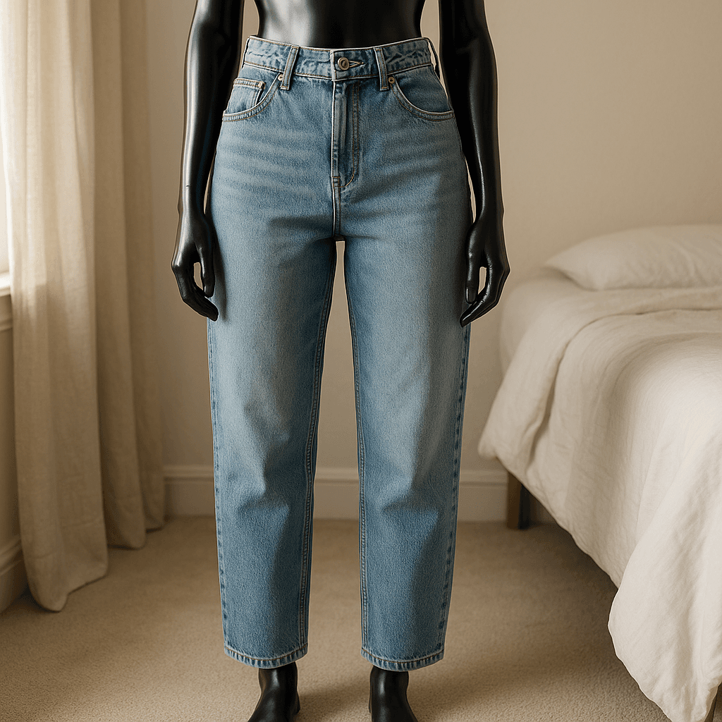 a glossy black plastic mannequin with no facial features in Skater džínsy Bershka standing straight facing the camera, with a slim body type, in a softly lit bedroom setting, with gentle natural light filtering through a window.