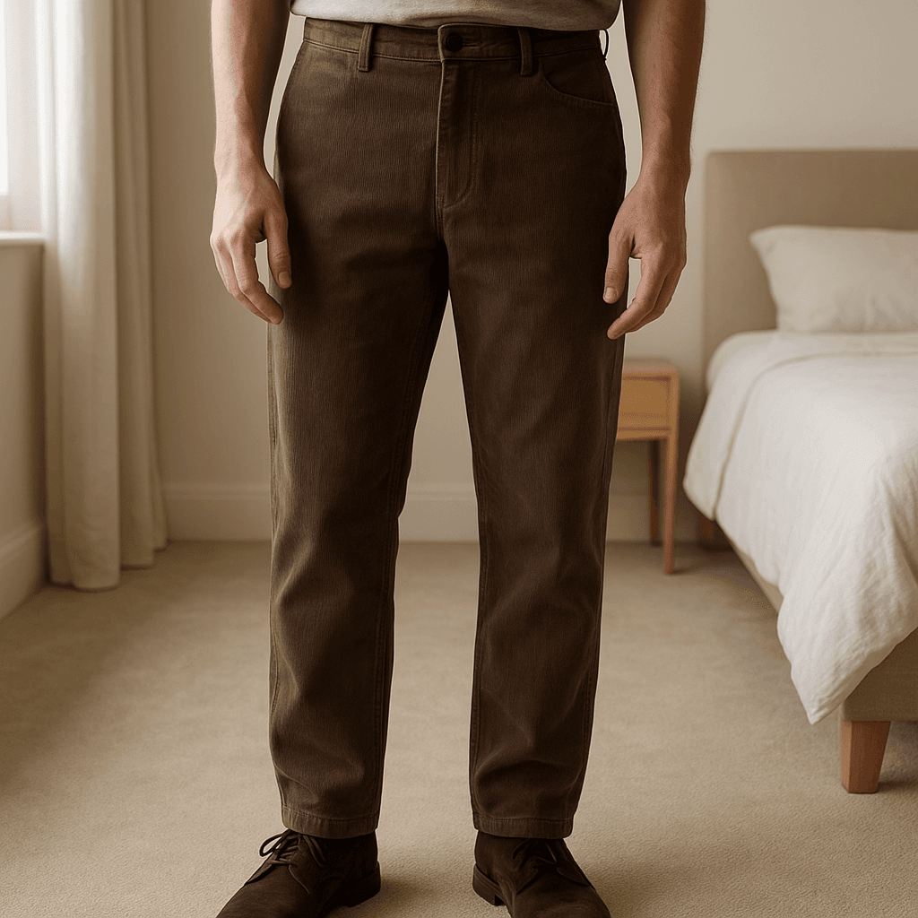 New Look Mens Corduroys standing straight facing the camera, in a softly lit bedroom setting, with gentle natural light filtering through a window.