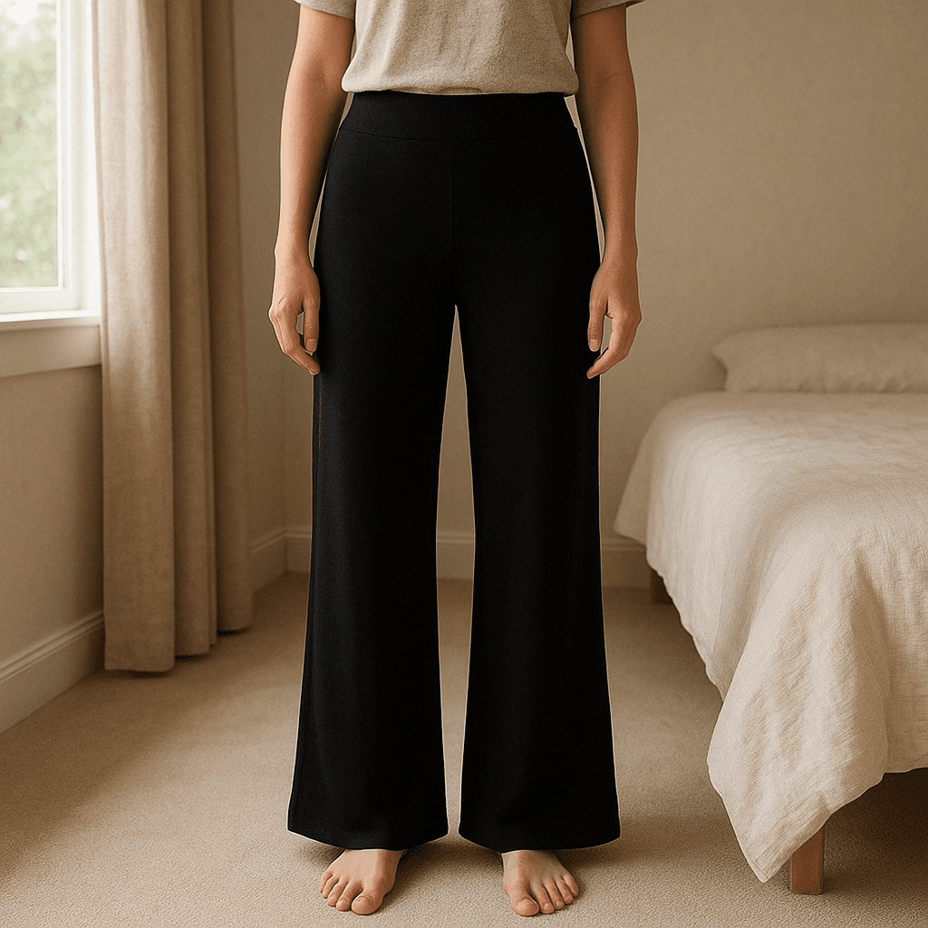 Size 12R  bootcut trousers standing straight facing the camera, in a softly lit bedroom setting, with gentle natural light filtering through a window.