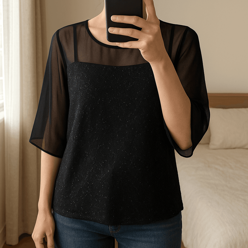 Occassion top standing straight facing the camera, in a softly lit bedroom setting, with gentle natural light filtering through a window.