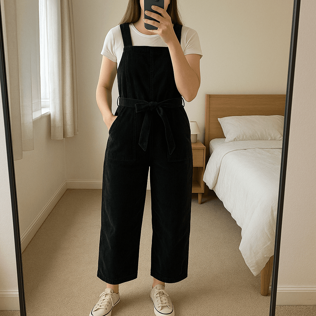 Fat Face Black Stretch Cropped Corduroy Belted Dungarees - Size 6 standing straight facing the camera, in a softly lit bedroom setting, with gentle natural light filtering through a window.