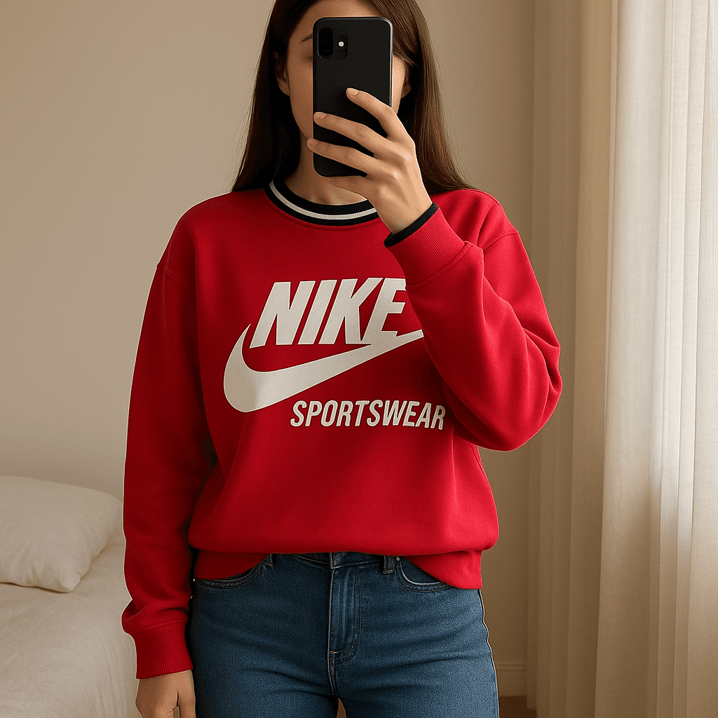 Maglia in piedi, rivolto verso la fotocamera, in una camera da letto con luce soffusa e luce naturale che filtra dalla finestra.