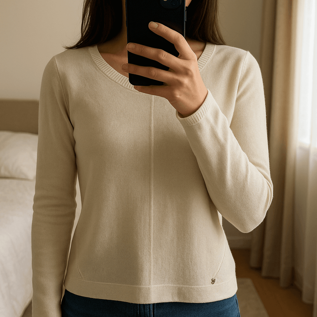 Wool blend supersoft sweater size 10/12 standing straight facing the camera, in a softly lit bedroom setting, with gentle natural light filtering through a window.