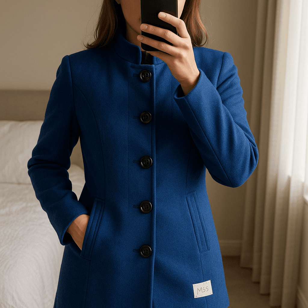 Women's M&S collection coat size 8 standing straight facing the camera, in a softly lit bedroom setting, with gentle natural light filtering through a window.