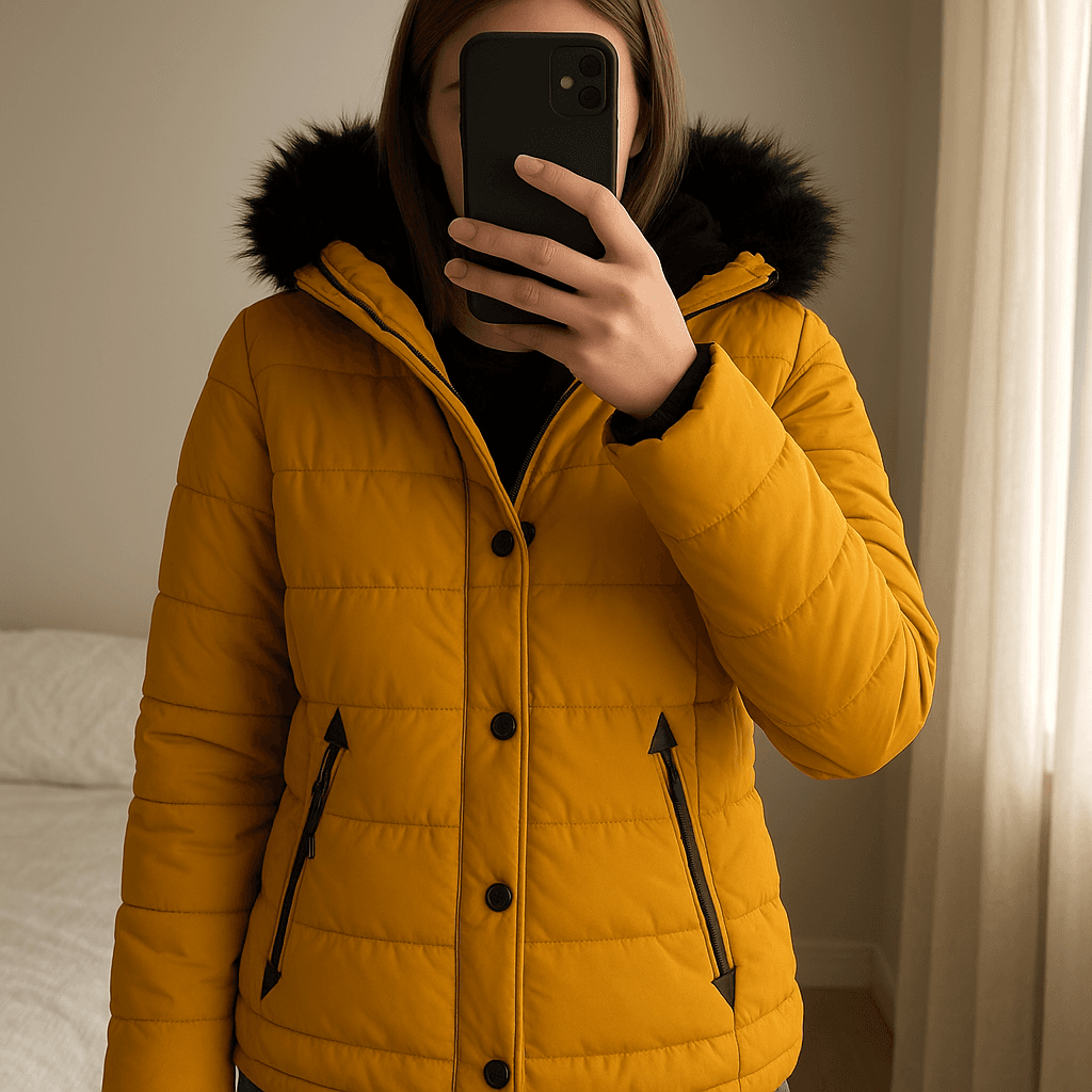 Marikoo Winterjacke tailliert Senfgelb Gr: L aufrecht stehend, der Kamera zugewandt, in einem sanft beleuchteten Schlafzimmer, mit natürlichem Licht, das durch ein Fenster fällt.