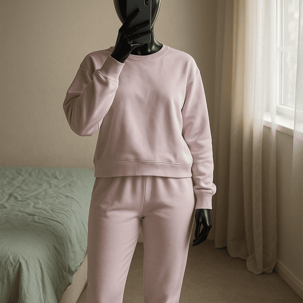 a glossy black plastic mannequin with no facial features in Teplákový set baby pink standing straight facing the camera, with a slim body type, in a softly lit bedroom setting, with gentle natural light filtering through a window.