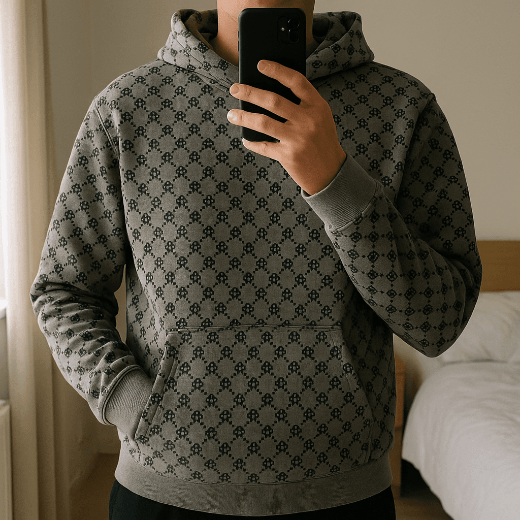 Mikina s kapucňou McNeal standing straight facing the camera, in a softly lit bedroom setting, with gentle natural light filtering through a window.