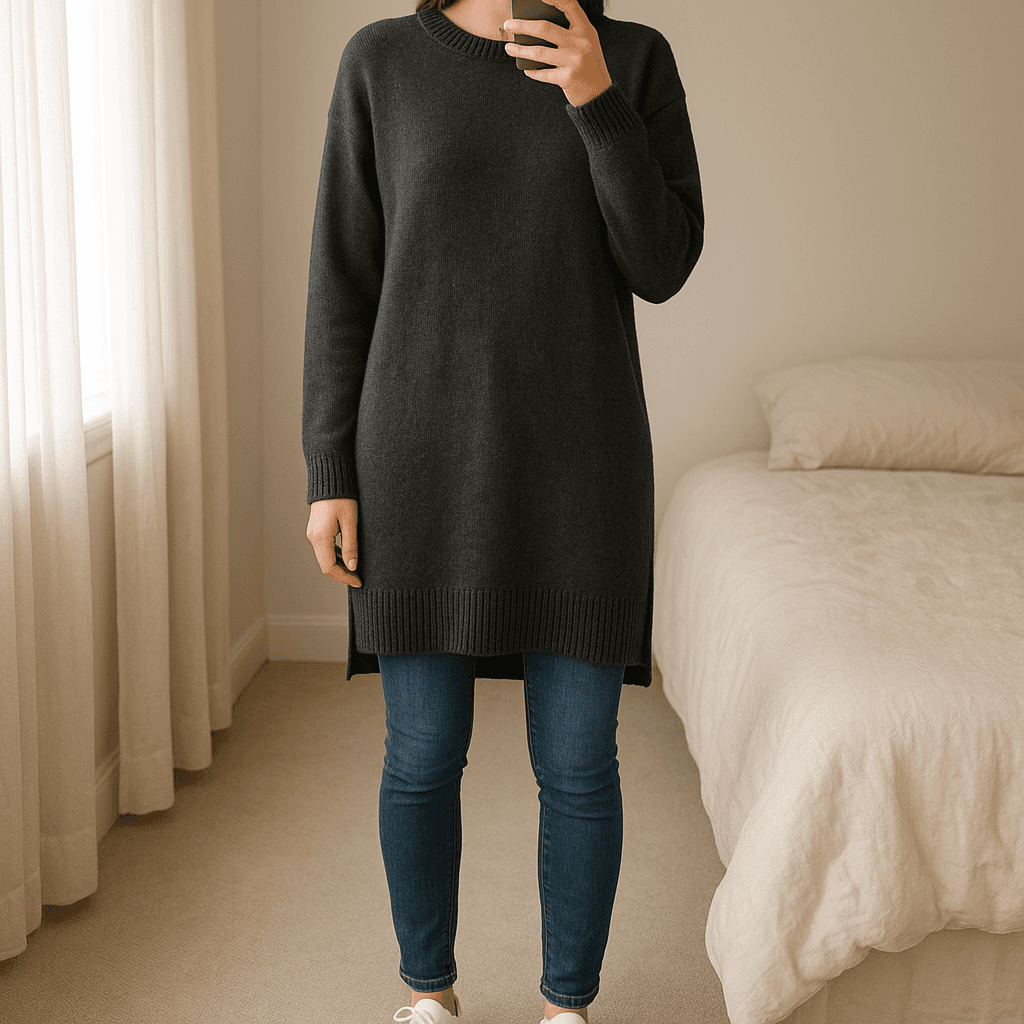 Dunkelgrauer Strickpullover / Strickkleid – gemütlich & schlicht Größe 36/38 aufrecht stehend, der Kamera zugewandt, in einem sanft beleuchteten Schlafzimmer, mit natürlichem Licht, das durch ein Fenster fällt.