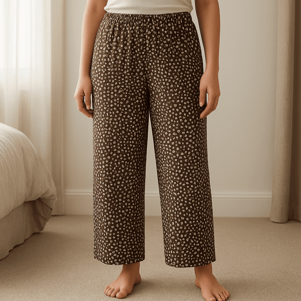 Linen trousers standing straight facing the camera, in a softly lit bedroom setting, with gentle natural light filtering through a window.