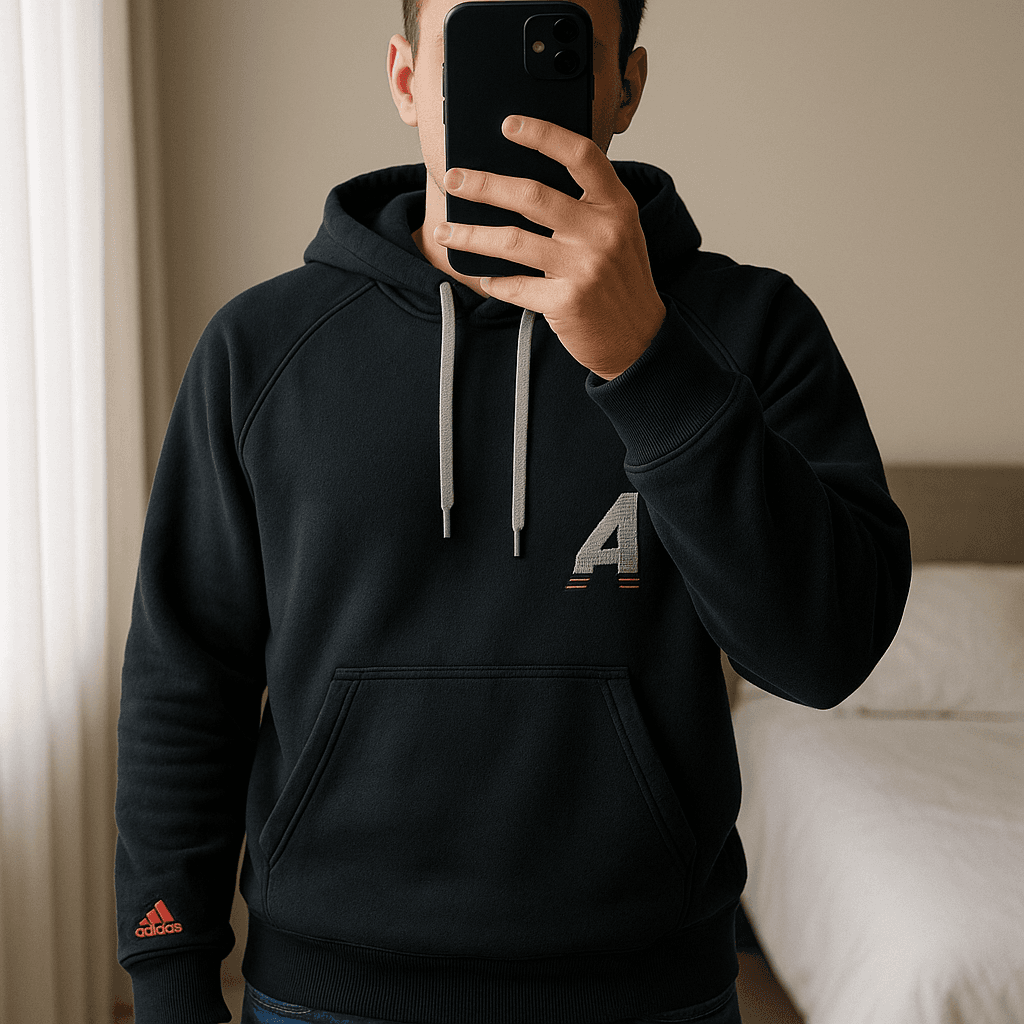 Adidas Men's Marquee Black Pouch Pocket Basketball Oversized Hoodie - Small standing straight facing the camera, in a softly lit bedroom setting, with gentle natural light filtering through a window.