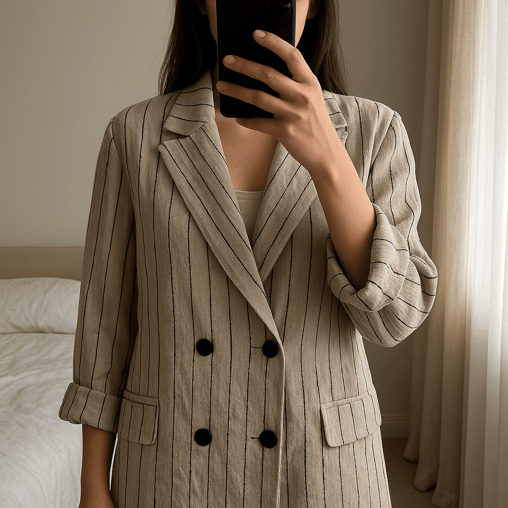 Blazer oversize in lino in piedi, rivolto verso la fotocamera, in una camera da letto con luce soffusa e luce naturale che filtra dalla finestra.