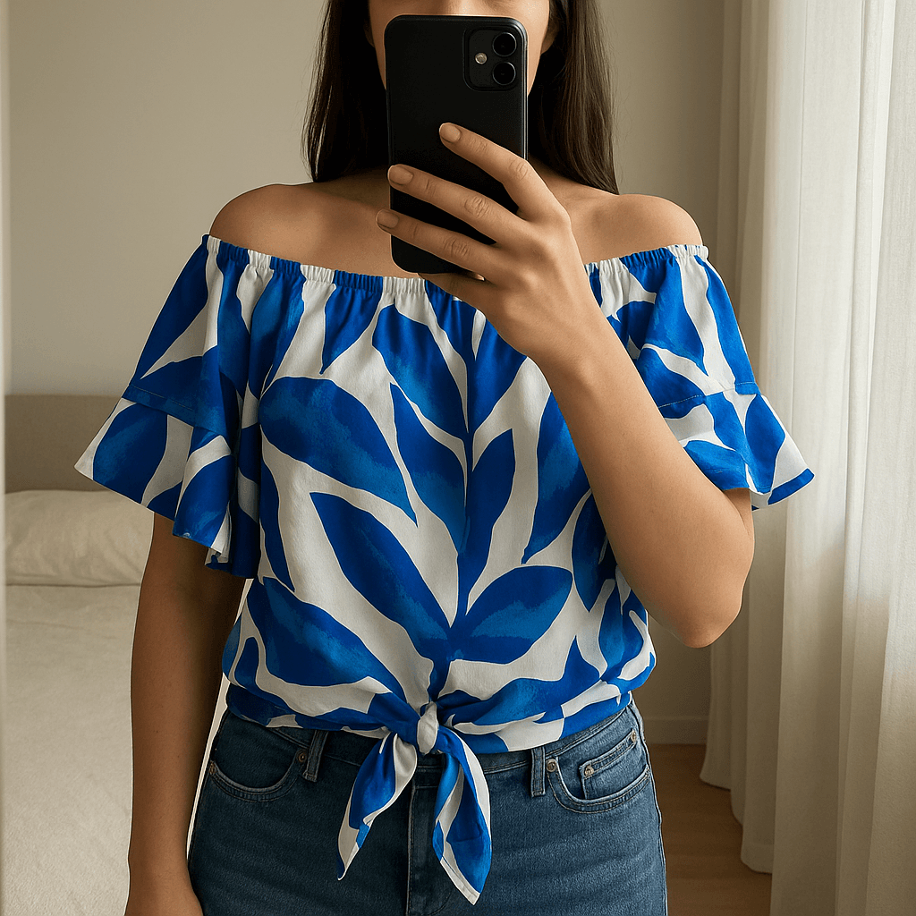 Off the shoulder  summer tops standing straight facing the camera, in a softly lit bedroom setting, with gentle natural light filtering through a window.