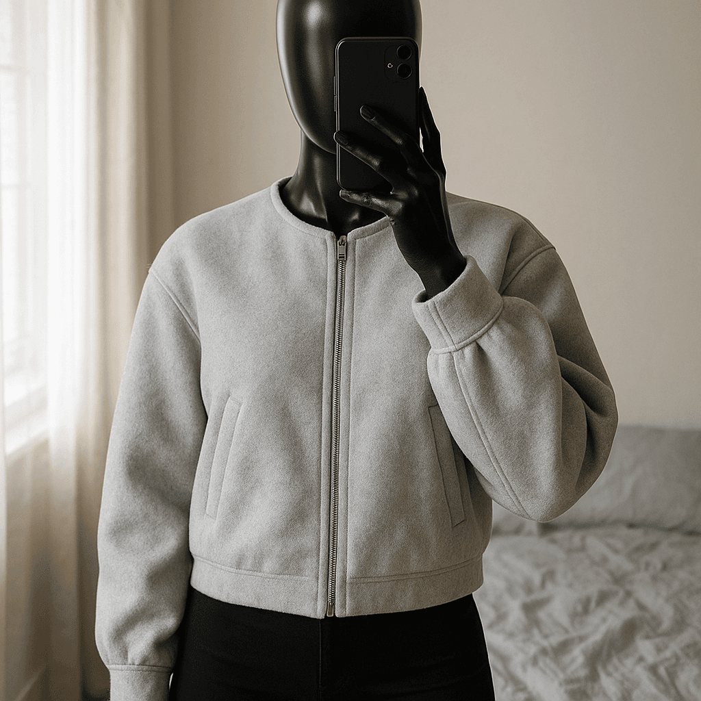 a glossy black plastic mannequin with no facial features in Svetlosivá bunda Stradivarius standing straight facing the camera, with a slim body type, in a softly lit bedroom setting, with gentle natural light filtering through a window.