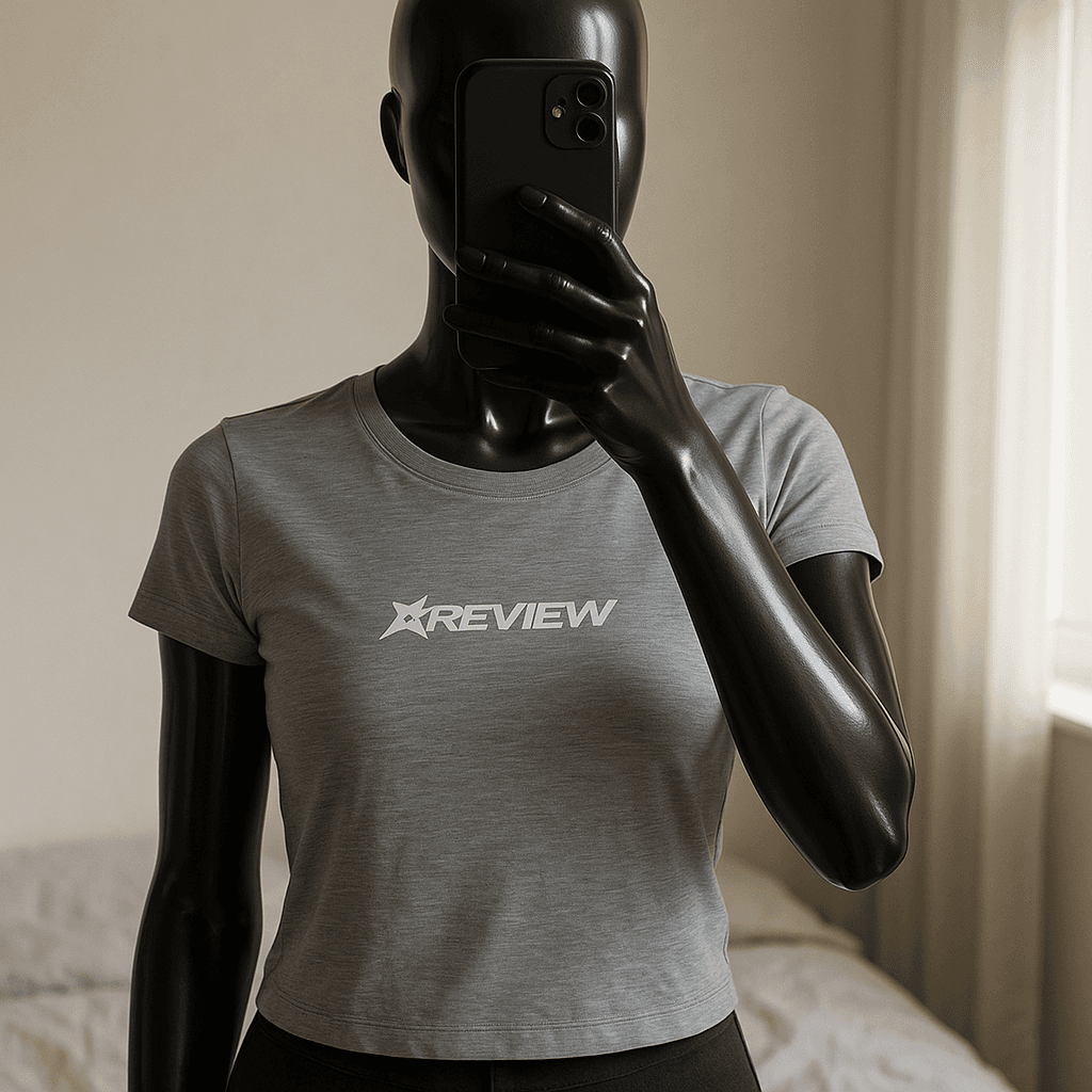 a glossy black plastic mannequin with no facial features in Sivé crop tričko Review standing straight facing the camera, with a slim body type, in a softly lit bedroom setting, with gentle natural light filtering through a window.