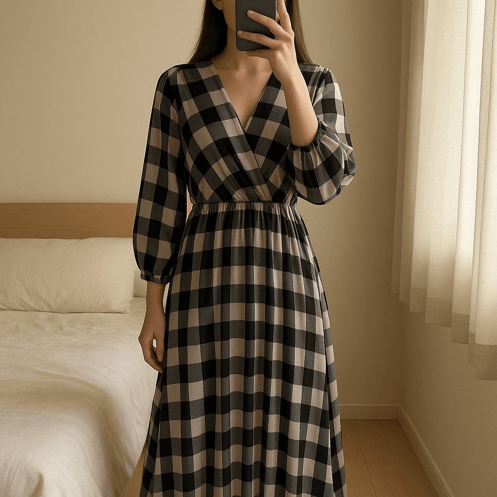 Vestito midi in piedi, rivolto verso la fotocamera, in una camera da letto con luce soffusa e luce naturale che filtra dalla finestra.