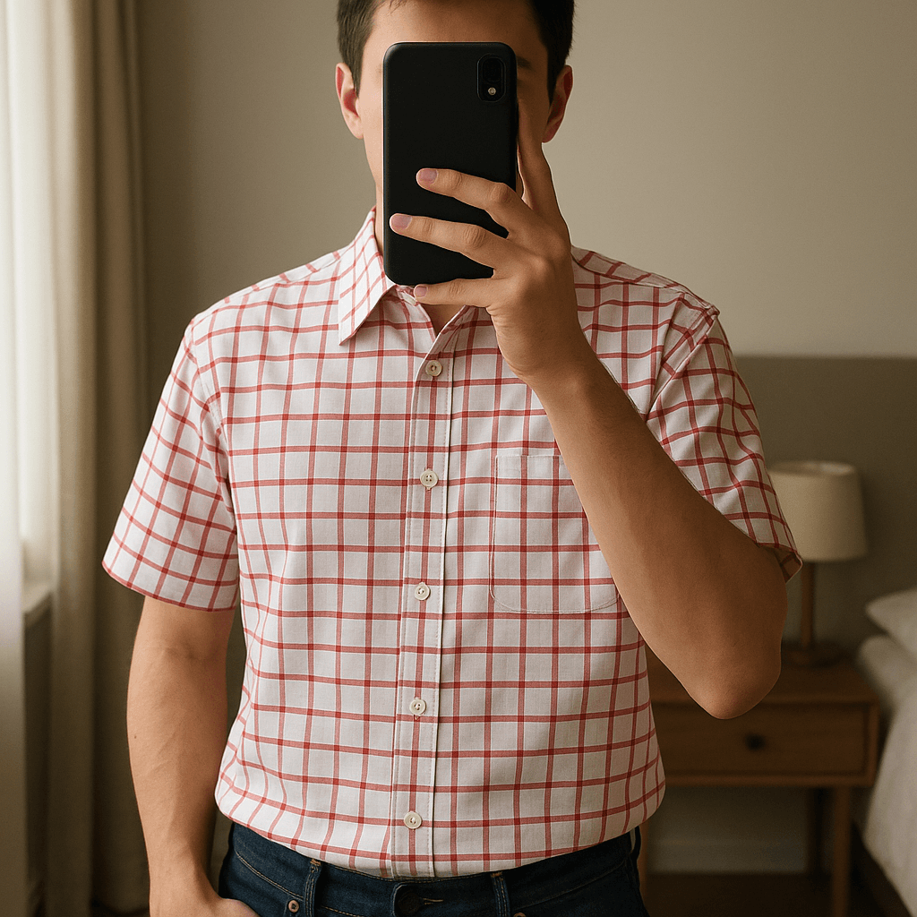 Men's Vintage Moschino shirt size L standing straight facing the camera, in a softly lit bedroom setting, with gentle natural light filtering through a window.