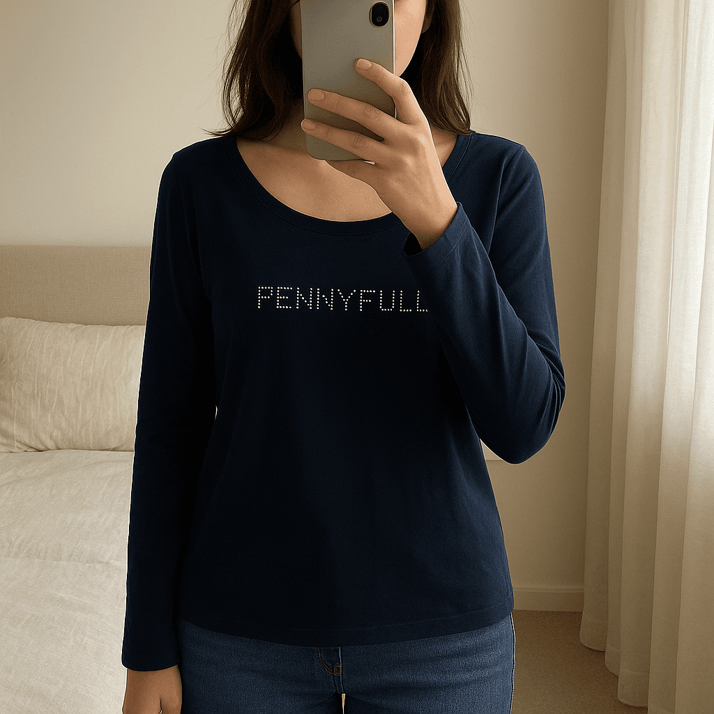 Maglia blu in Jersey in piedi, rivolto verso la fotocamera, in una camera da letto con luce soffusa e luce naturale che filtra dalla finestra.