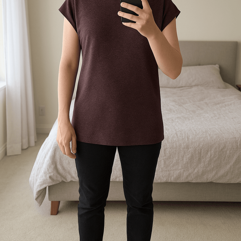 Gorgeous dress standing straight facing the camera, in a softly lit bedroom setting, with gentle natural light filtering through a window.