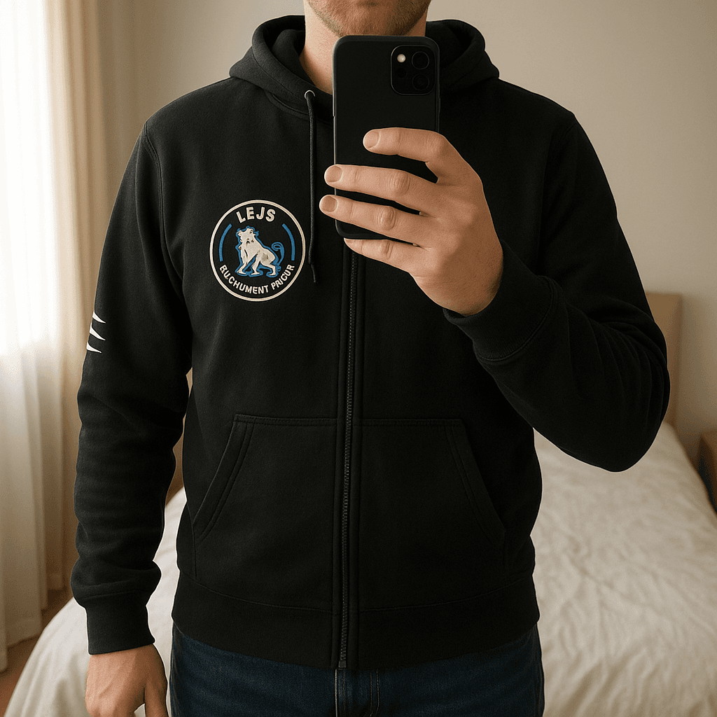 Schwarze Kapuzenjacke Herren L  Clique aufrecht stehend, der Kamera zugewandt, in einem sanft beleuchteten Schlafzimmer, mit natürlichem Licht, das durch ein Fenster fällt.