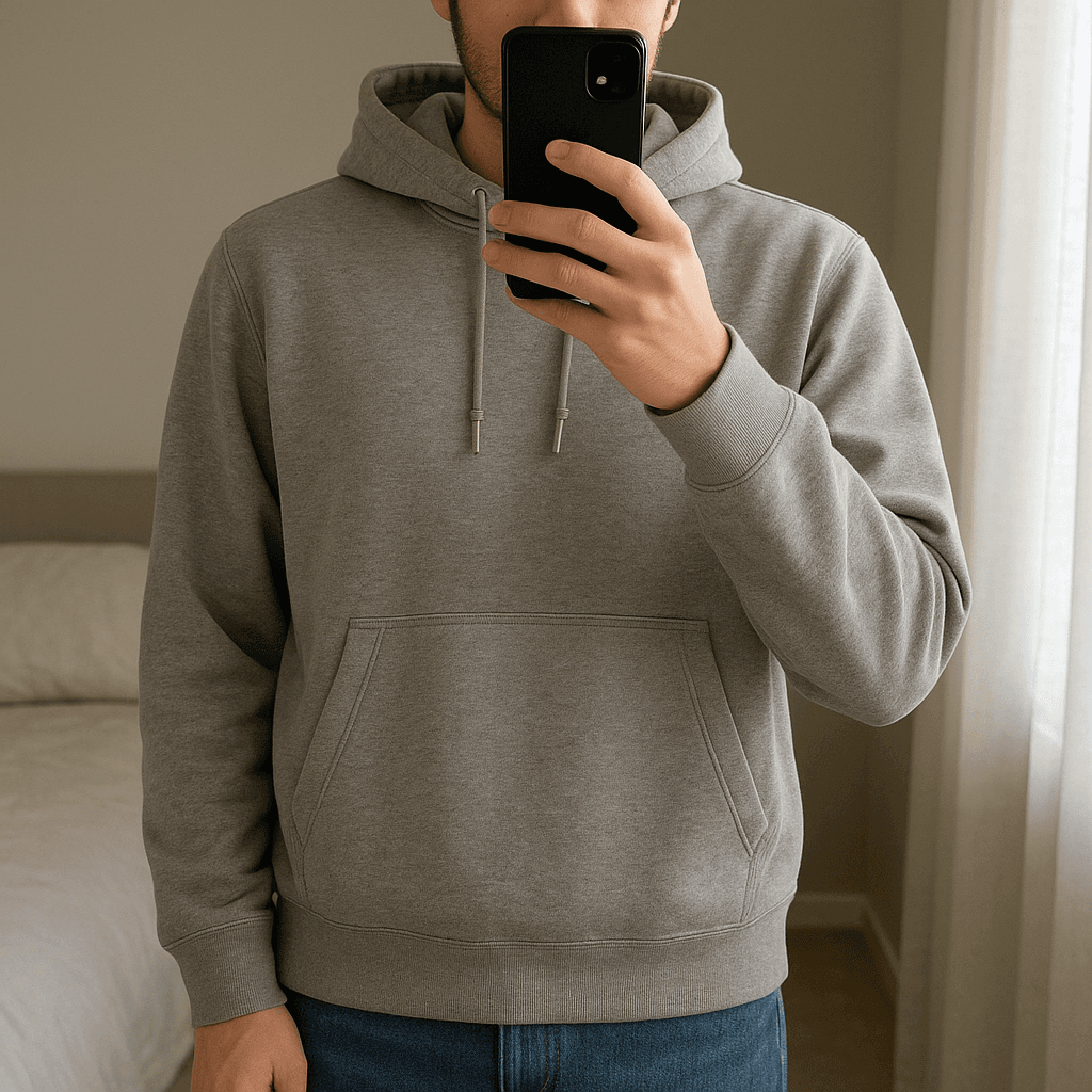 Nike hoodie mens standing straight facing the camera, in a softly lit bedroom setting, with gentle natural light filtering through a window.