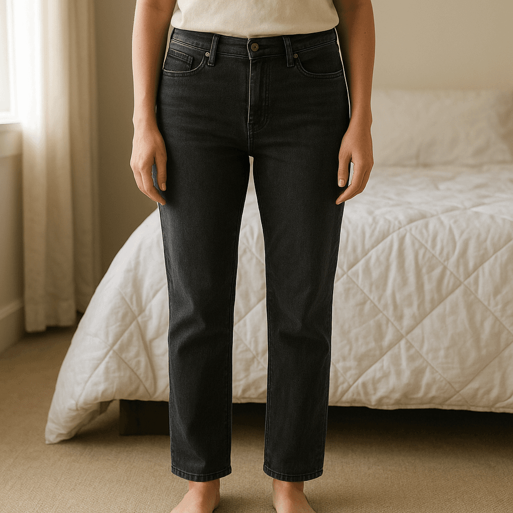 Esmara Jeans – Super Skinny Fit, Medium Waist – Schwarz – Gr. 44 (DE) aufrecht stehend, der Kamera zugewandt, in einem sanft beleuchteten Schlafzimmer, mit natürlichem Licht, das durch ein Fenster fällt.