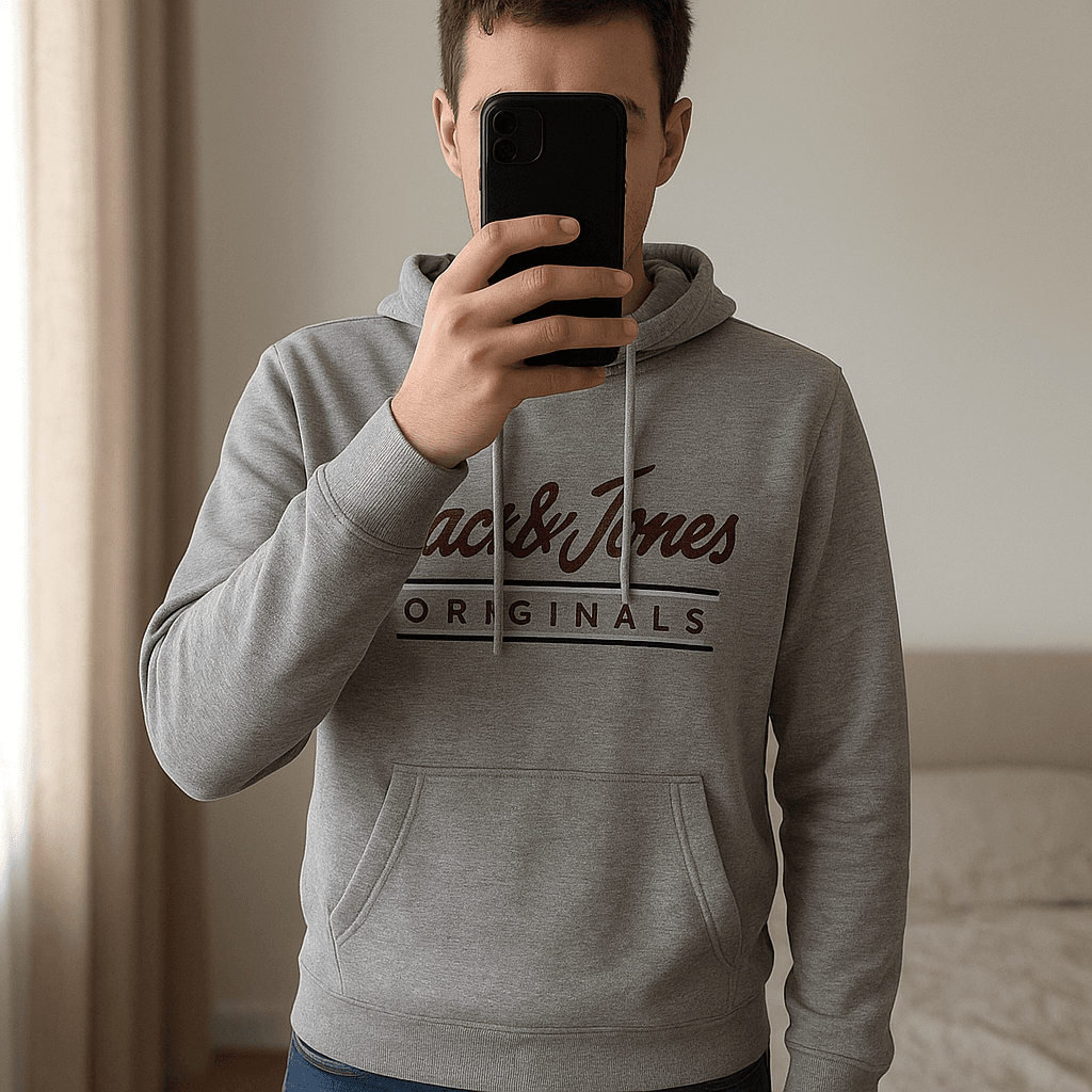Mens hoodie standing straight facing the camera, in a softly lit bedroom setting, with gentle natural light filtering through a window.