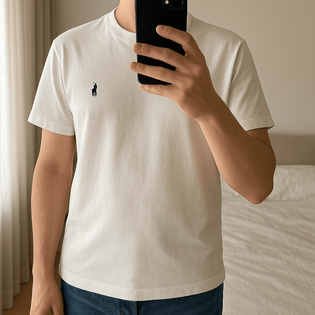 T-Shirt Polo Ralph Lauren in piedi, rivolto verso la fotocamera, in una camera da letto con luce soffusa e luce naturale che filtra dalla finestra.
