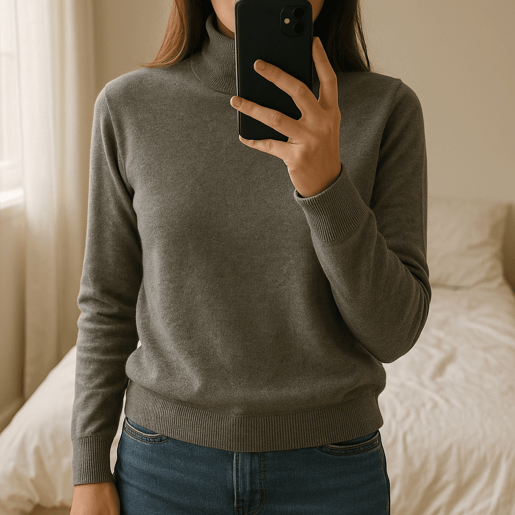 Maison Cinqcent merino blend turtleneck sweater size M/12 standing straight facing the camera, in a softly lit bedroom setting, with gentle natural light filtering through a window.