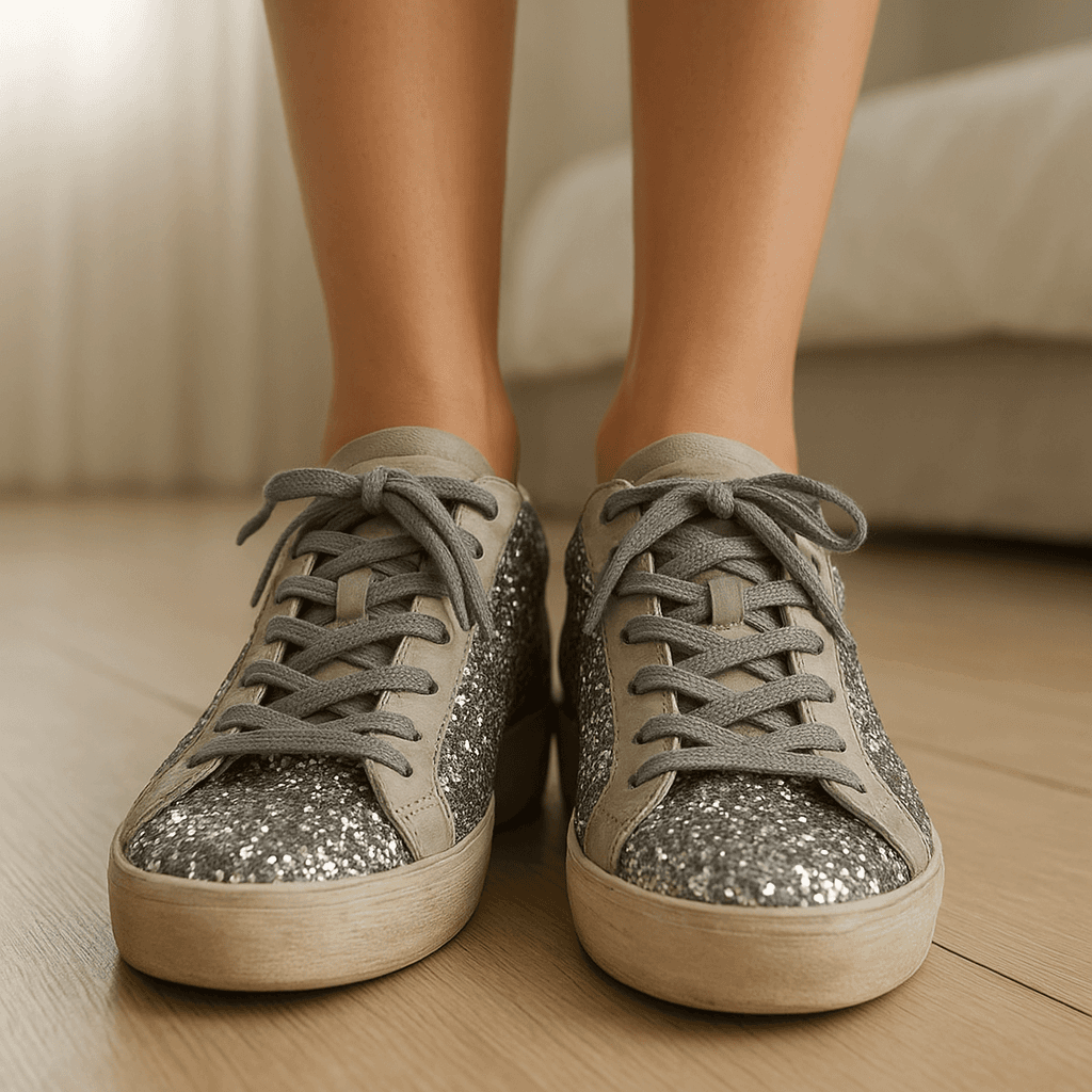 Sneakers brillantinate in piedi, rivolto verso la fotocamera, in una camera da letto con luce soffusa e luce naturale che filtra dalla finestra.