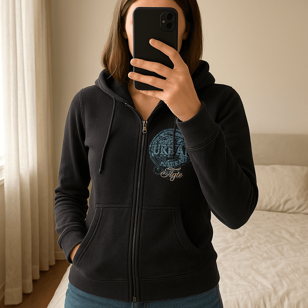 Sweatjacke Damen – Gina Benotti, Größe L (40/42) aufrecht stehend, der Kamera zugewandt, in einem sanft beleuchteten Schlafzimmer, mit natürlichem Licht, das durch ein Fenster fällt.