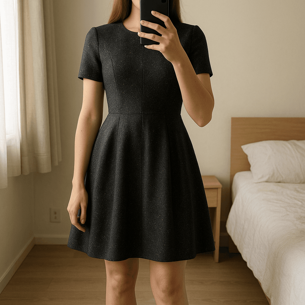 Fit and flare tailored Marl dress size 10 standing straight facing the camera, in a softly lit bedroom setting, with gentle natural light filtering through a window.