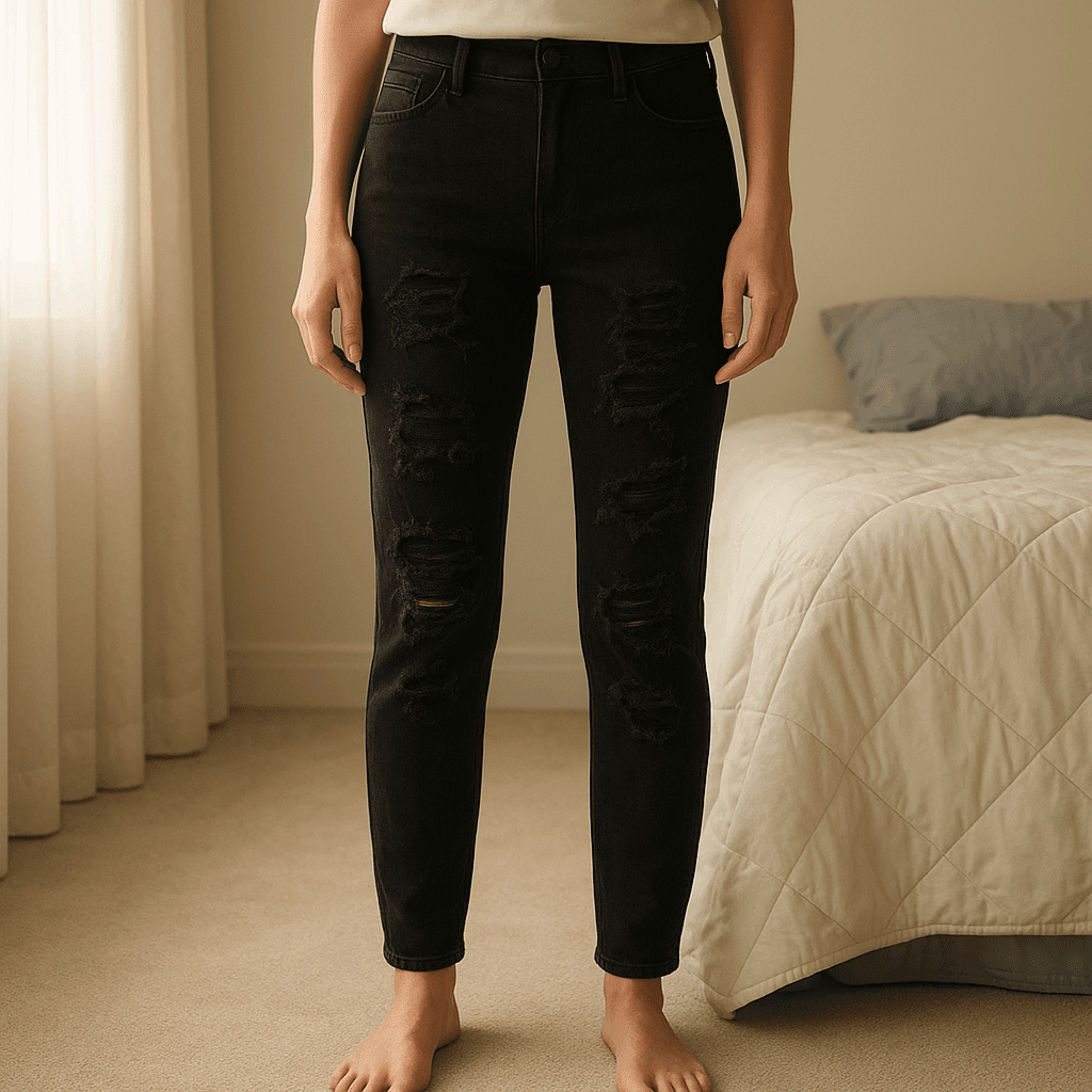 SHEIN Curve Jeans Schwarz Destroyed Look Gr. XL aufrecht stehend, der Kamera zugewandt, in einem sanft beleuchteten Schlafzimmer, mit natürlichem Licht, das durch ein Fenster fällt.