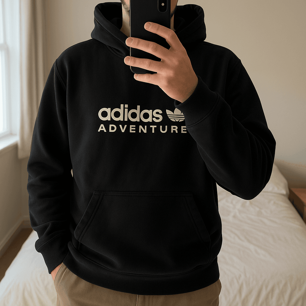 Felpe adidas Nero uomo - pull adidas homme S in piedi, rivolto verso la fotocamera, in una camera da letto con luce soffusa e luce naturale che filtra dalla finestra.