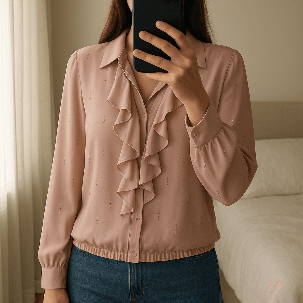 Blusa rosa cipria Patrizia Pepe in piedi, rivolto verso la fotocamera, in una camera da letto con luce soffusa e luce naturale che filtra dalla finestra.