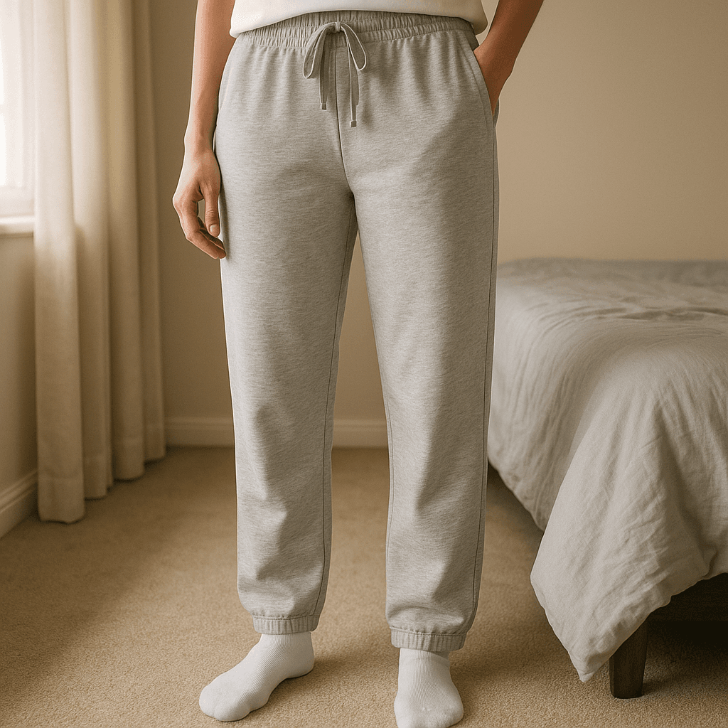 Svetlosivé rovné tepláky standing straight facing the camera, in a softly lit bedroom setting, with gentle natural light filtering through a window.