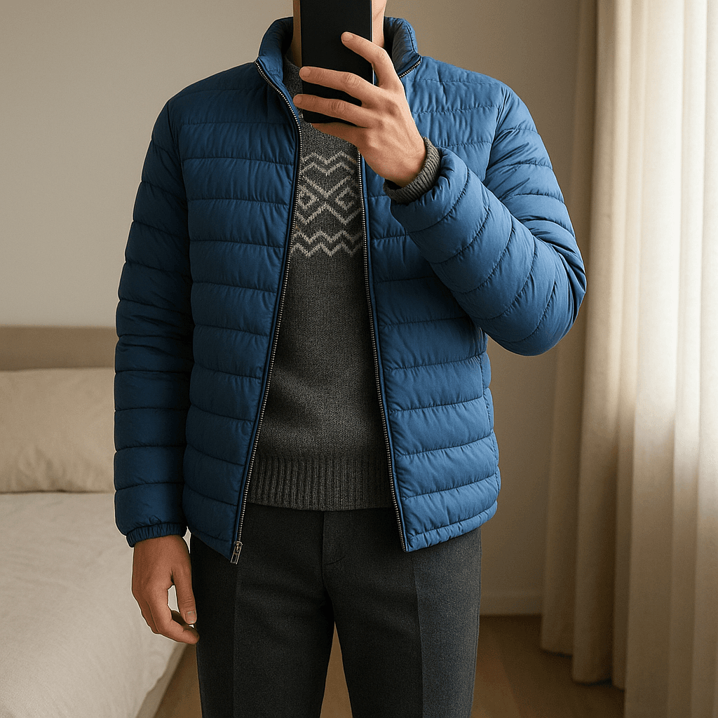 Bomber Trapuntato con Imbottitura Ecodown – Taglia 56 – Colore Avio in piedi, rivolto verso la fotocamera, in una camera da letto con luce soffusa e luce naturale che filtra dalla finestra.